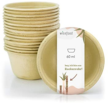 wisefood Zuckerrohr Dipschale - 100 Stück Bagasse Einweg Schale rund 60ml - ideal für Ketchup, Saucen oder Dips - Biologisch abbaubares Zuckerrohr Geschirr