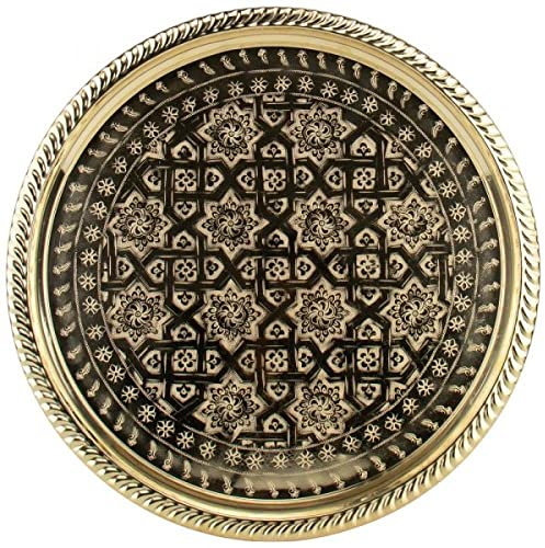 Marokkanisches Teetablett FES Ø 38 cm Gold, Rundes Antik Tablett aus Messing, Orientalisches Teetablett, Serviertabletts Buffet, auch für Schmuck- und Make-up-Organizer-Kerzenteller
