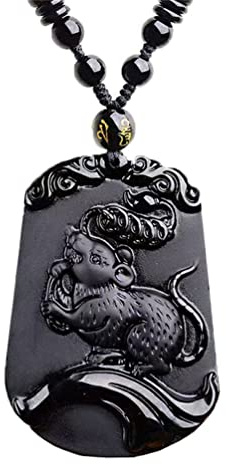 PAURO Herren Damen Obsidian Jahrgang Chinesische Rechteck Sternzeichen Siegel Anhänger Halskette mit Kette Amulett Schmuck