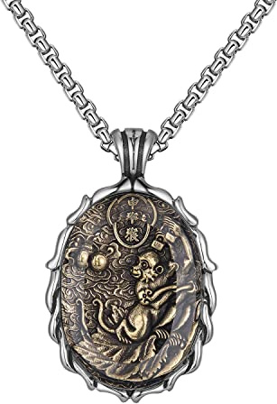 HIJONES Mens Stainless Steel Chinese Zodiac Necklace Twelve Animals Warrior Pendant Charm with Chain Monkey
