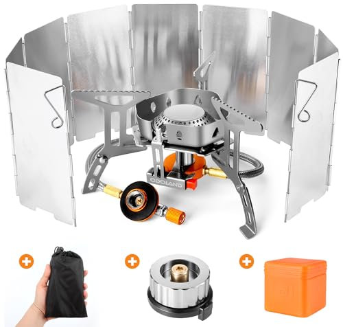 Odoland Campingkocher 3500W Gaskocher mit Piezozündung Adapter und Faltbar Aluminium Windschutz Gas Campingkocher für Schraubkartusche Gasbrenner Faltbar Camping Kocher für Wandern Picknick Outdoor