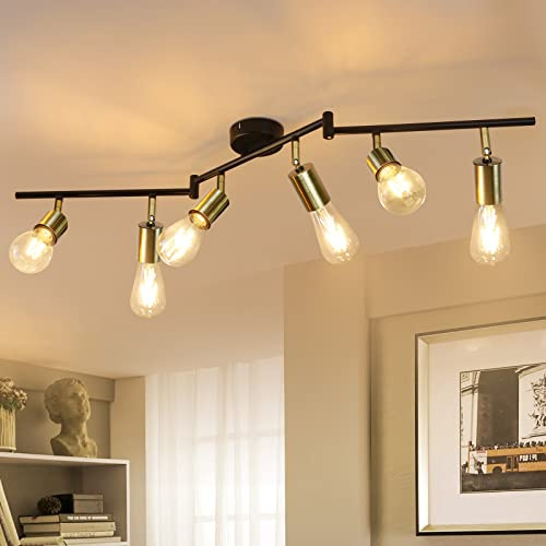 CBJKTX Vintage Deckenleuchte Retro Deckenlampe - Schwenkbare Gold | Deckenstrahler mit 6 Flammig E27 Industrial Deckenspots Strahler aus Metall für Schlafzimmer Küche - Ohne Leuchtmitte