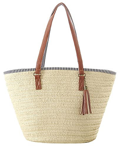 yyzlvffm Strandtasche Mode Damen Stroh Umhängetasche Wicker Vielseitige Webart Damen Handtasche Korbtasche Strand Rattan Tasche Damen Große Kapazität Einkaufstasche 48X31X16Cm Typabbraun
