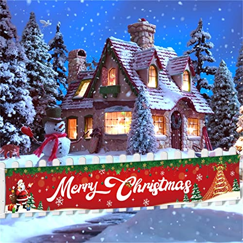 Frohe Weihnachten Banner Outdoor, Rot Weihnachtsdeko Hintergrund mit Weihnachtsmann Weihnachtsbaum Merry Christmas Hängend Hof Schild Banner für Außen Zaun Garten Neujahr Party Deko, 210 x 40 cm
