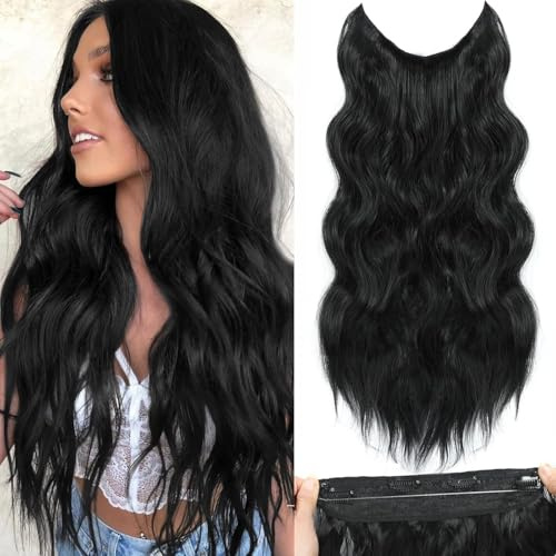 PORSMEER Lange Gewellt Haarverlängerung mit Gummiband Schwarz,Invisible Secret 4 Clips in Hair Extensions Synthetik Haare Unsichtbarem Haarteile für Frauen,50 cm