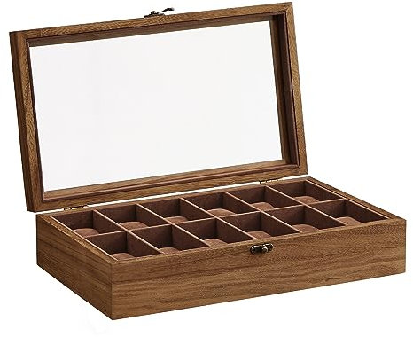 SONGMICS Scatola per Orologi, Scatola Porta Orologi a 12 Scomparti, Portaorologi in Legno con Coperchio in Vetro e Cuscinetti Rimovibili, Idea Regalo, Noce Rustico JOW120K01