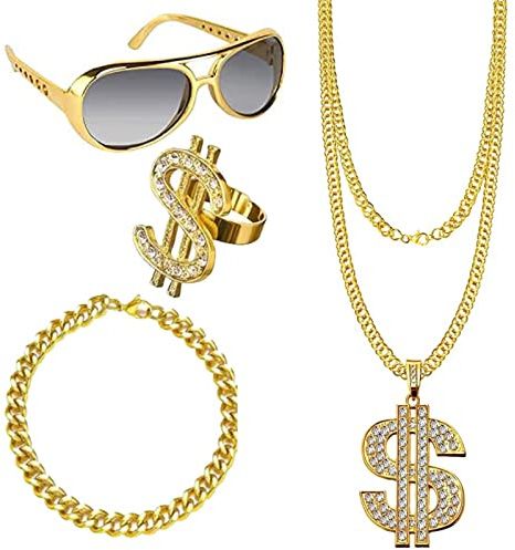 WnlahuWA 4 Stück Dollar Halskette, Dollar Kette Set, Hip Hop Kostüm, Rapper Zubehör, Rapper Ring Brille, 80er 90er Jahr Rapper Zubehör für Fasching Karneval