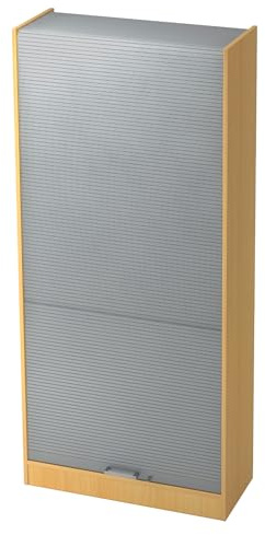 bümö Rollladenschrank in Buche/Silber mit Chromgriff - Vertikal Jalousieschrank 90 cm breit, Aktenschrank abschließbar, Büroschrank für Ordner & Co.