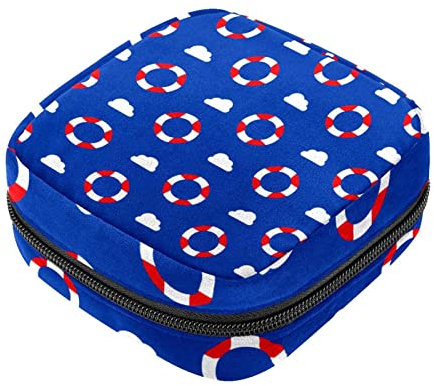 Sanitary Napkin Storage Bag, Feminine Product Pouches Portable Period Kit Bag for Girls Women Ladies Nautical Blue Lifebuoy