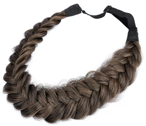 BOBIYA Messy Wide 2 Stränge Synthetisches Haar Auburn Geflochtenes Stirnband Klassisches Chunky Geflochtenes Stirnband Elastisches Stretch Geflochtenes Haarband (Dunkelbraun)