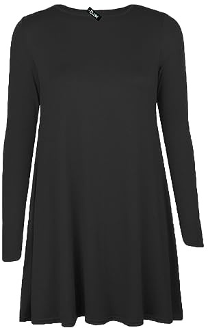 Tease Womens Plain Long Sleeve Stretch A Line Skater Flared Swing Dress Top Plus Size T-Shirt 8-26 (26, Black)