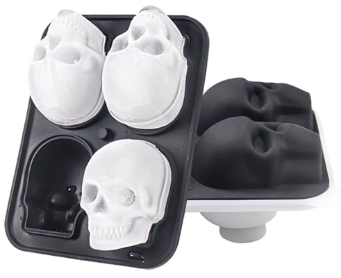 SHONSILIC Stampo per cubetti di ghiaccio a forma di teschio 3D, grande vassoio per cubetti di ghiaccio, in silicone a forma di teschio, con coperchio trasparente a imbuto, per creare 4 divertenti