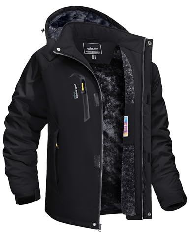 TACVASEN Mens Snow Ski Mountain Jacket Fleece Climbing Snow Ski Jacket Winter Snowboard Coat Windproof Softshell Jacket Water-Resistant Hoodie Men Black