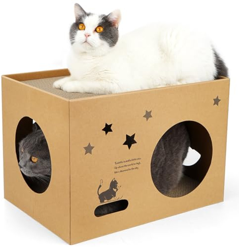 Casa de cartón para gatos con 2 almohadillas para rascar, cama grande para gatos, rascadores para gatos, sala de estar para gatos de interior con cartón corrugado, caja rascador desmontable para gatos