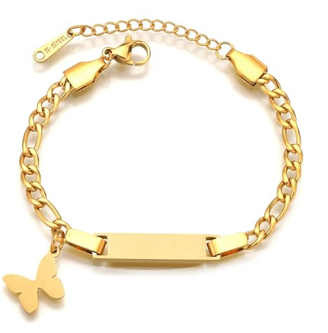 JewelryWe Personligt armband barn figurkedja: guld rostfritt stål högglans polerad fjäril figaro-kedja barnarmband babyarmband smycken armband med gravyr för pojke flicka baby