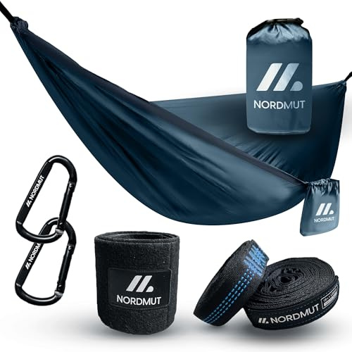 NORDMUT® Hängematte Outdoor 2 Personen 170x300cm [mit Befestigungs-Set] Camping Hängematte inkl. Baumschutz-Set - Hammock wetterfest für Outdoor, Camping und Garten - max. Belastbarkeit 225 kg