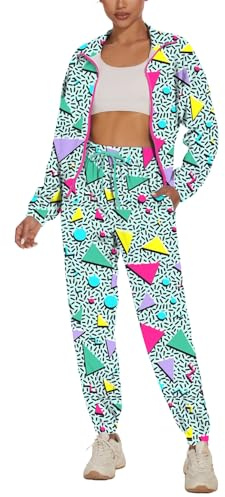 UOUA Women's Color Block 2 Piece 80s 90s Outfits Long Sleeve Windbreaker Jacket Tracksuit Set WhitePrint M