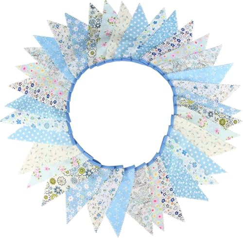Daaxing 36 banderines de tela grandes, 33 pies, banderines florales de algodón vintage, para bodas, baby shower, jardín, fiestas de cumpleaños, decoración del hogar (azul)