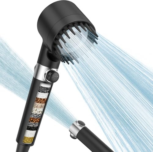 Digiroot Duschkopf mit Filter, wassersparender Duschkopf mit 1,5 m Schlauch, 4 Sprühmodi, sparsamer Handbrausekopf mit 15 Filtrationsstufen, entfernt hartes Wasser und Chlorrückstände Schwarz | 15-Stufige Duschbrause Filtert Kalk & Chlor,Sparsam,Handbrause für Kalkhaltiges Wasser