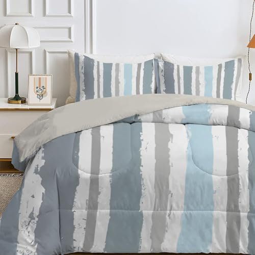 Qiwagu Bettdecke 220x240 cm Blau Grau, Wende Streifen Steppdecke Waschbare, Bettdecke ohne Bezug Nutzbar, Leicht Weiche Schlafdecke 200GSM, Ganzjahresdecke mit 2 Kissenbezug (ohne Kissen)