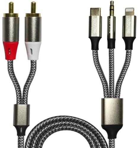 DUOYUTING Cavo audio 3 in 1, telefono iOS/AUX/USB C da 3,5 mm a 2 RCA, adattatore audio stereo per iPhone/telefono di tipo C/AUX ad amplificatore/soundbox e home theater, ecc. 2 m