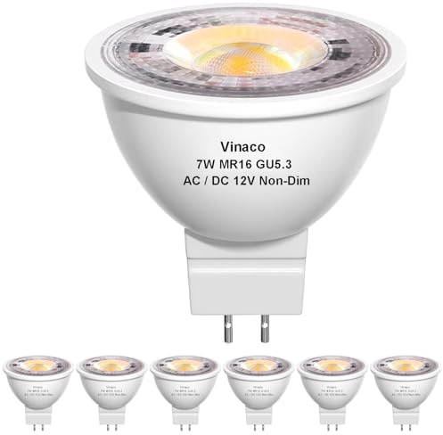 Vinaco MR16 GU5.3 LED Light Bulbs Warm White, 6 Pack MR16 Light Bulbs 12V 50W Replacement GU5.3 12V LED 450LM 7W, No Flicker GU 5.3 Bi-Pin Base, Non-Dimmable MR 16 For Indoor & Outdoor