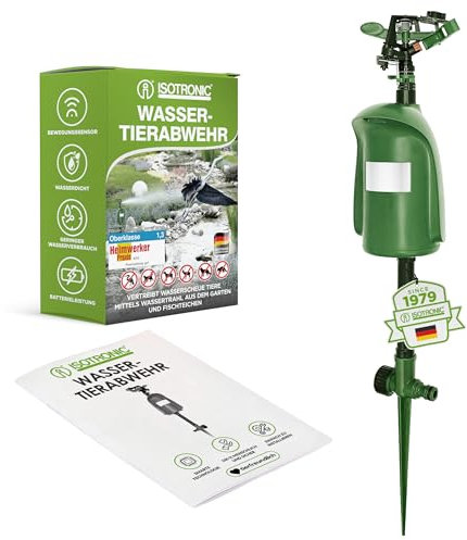 ISOTRONIC Wasserstrahl Tiervertreiber I Bewegungsmelder I Reichweite 10 m I Reiherschreck, Wildtierabwehr, Katzenschreck 1 Stück