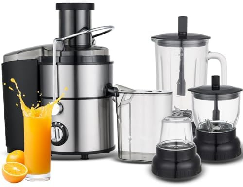 Exprimidor y licuadora 4 en 1, extractor de jugo de cítricos eléctrico de 1000 W con 2 configuraciones de velocidad, exprimidor de frutas y batidora con conducto de alimentación de 65 mm, para frutas