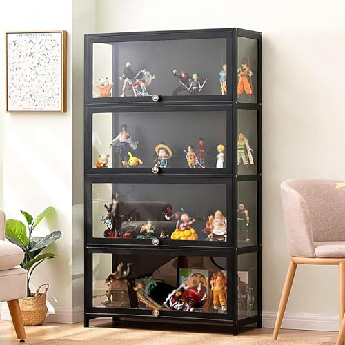 errtsdb 80x33x140cm vitrine, 4 Schicht vitrinenschrank glasvitrine, glasvitrine stehend vitrine Glas durchsichtige Vitrine für Spielzimmer, Schlafzimmer, Schwarz/Auf DREI Seiten transparent