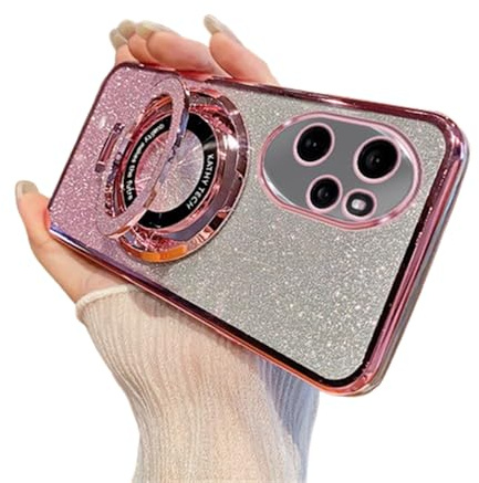 QIWEIQING Glitter Case for Honor 200 5G, Electroplate Flash Shell for Girls Women Ring Stand Function Camera Protector Shockproof Transparent TPU Cover for Honor 200 5G. Pink DS