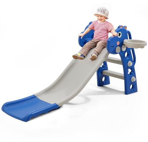 FUKEA Kids Slide Indoor, Freestanding Toddler Slide with Climbing Frame, Basketball Hoop, Basketball, Outdoor Garden Slides for Toddlers Age 1-6, Blue Dinosaur
