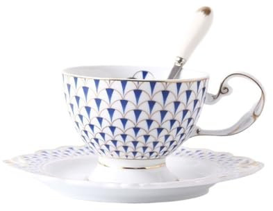 Xumh2024-3 Kaffeetasse Becher Europäische Luxus-Keramik-Kaffeetasse, Nachmittagstee-Tassen-Untertasse-Set mit Löffel, Goldrand, Schwarze Teetassen für Kaffee, Tee, heißen Kakao(Blue)