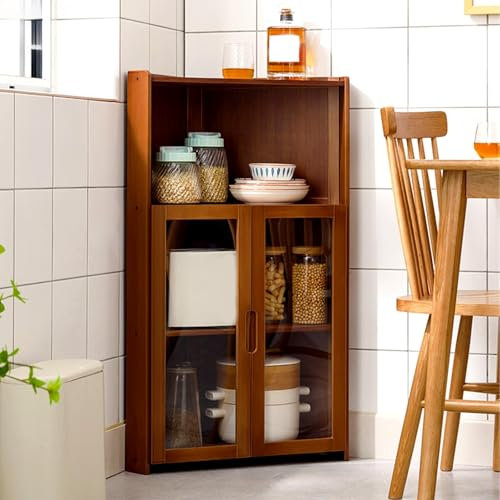 MBBTAG Eckschrank wohnzimmer, weinschrank eckschrank, Transparente Schranktür aus Acryl, weinregal freistehend, Bambus, eckvitrine glas, vitrinenschrank wohnzimmer, Geeignet für Küche/Wohnzimmer(Braun