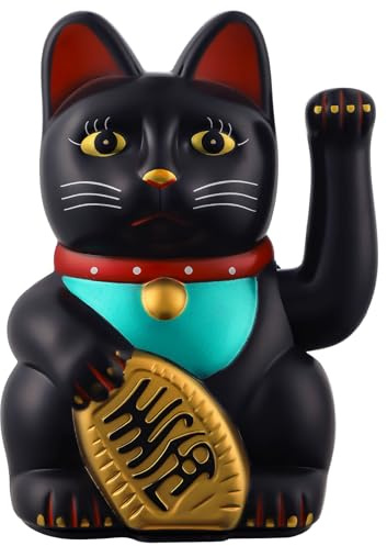 IBWell Gato de la suerte Maneki Neko dorado, negro y blanco, gato Fengshui, brazo ondulante que funciona con pilas para dinero de la fortuna y buena suerte (negro, 7 pulgadas)