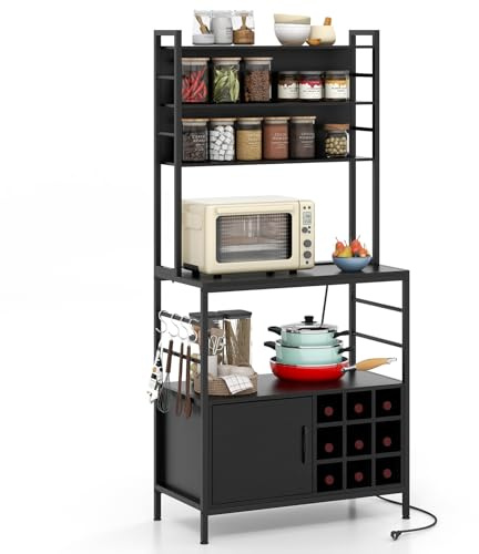 KOMFOTTEU Estantería de cocina con enchufe, Estantería de Panadería con Soporte para 9 Botellas de Vino y armario con puerta, Soporte para Microondas con 4 ganchos, 80 x 40 x 170 cm (Negro)