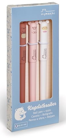 Kulspetspennor i set om 3 i presentförpackning, beige, praktiskt mymochi-pennset i kawaii-design, perfekt för skolväska och kontor, bra presentidé för vänskap, 61835