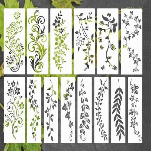 BUZIFU 14 Stück Blatt-Ranken-Schablonen, Blumenschablonen Wiederverwendbare Malschablonen Wildblumen Schablonen zum Malen Pflanzen-Schablone für DIY-Bastelprojekte Scrapbooking Holz Boden Wand