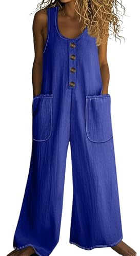 ZRYAZQ Jumpsuit Sommer Damen Lang Weites Bein Leinen Jumpsuits Für Damen Ärmellos Sommer mit Tasche Overall Elegant Locker mit Knopfleiste Romper Frauen Weit Boho Strand Playsuit O-Ausschnitt Onesie