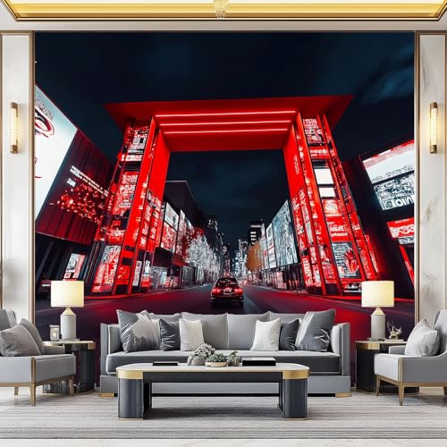 Papel Pintado Vista nocturna de la ciudad moderna Fotomurales tejido no tejido Decoración de Pared decorativos Murales moderna de Diseno 250 x 175 cm De Pared Sala Papel tapizRojo