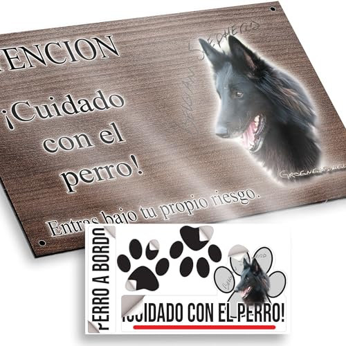 Perro Groenendael Cartel Cuidado Perro Peligroso 20x12,5cm - Diseño Madera Marrón Dibond con Pegatina Coche 20x5cm
