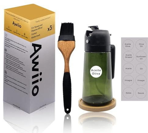 Awiio | Pack Pulverizador Aceite Spray y Dispensador Aceite 2 en 1 | Aceitera Spray Pulverizador de Aceite de Oliva 470 ml para Cocina, Freidora de Aire, Ensalada y Barbacoa (Negro)