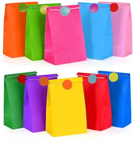 HAMOHTE Papiertüten Bunt, 20 Stück Geschenktüten Kindergeburtstag Klein | mit 24 Aufkleber, Kraftpapier Geburtstagstüten Kinder, Mitgebsel Tüten Gift Bag für Party, Geschenk, Geburtstag, Feiern