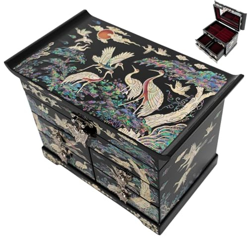 February Mountain Schmuck-Organizer-Box aus Perlmutt aus Holz – Schmuck-Aufbewahrungsbox für Damen, mit geräumigen Schubladen, ideal für Ringe, Armbänder, Uhren, Ketten, Accessoires (Colorful Crane)