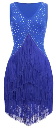 EFOGEP - Abito da donna per salsa latina, stile vintage anni '20, senza maniche, con strass, a strati, con frange, ideale per cocktail, balli da sala, tango, cha-cha, rumba, flapper, camicia, Blu, M
