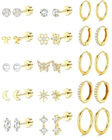 ADRAMATA 15 Paar Ohrringe Gold Set Chirurgenstahl Piercing Ohr Gold Medizinische Ohrstecker Mädchen Creolen Helix Huggie Tragus Conch Piercing Hypoallergene Goldene Ohrringe für Mehrfachpiercing