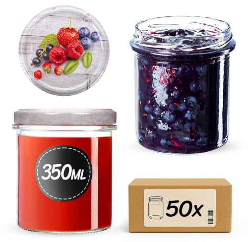 KADAX Tarros de mermelada de 350 ml con tapa de rosca de ø82 mm, pequeños frascos de conservación con tapa, tarros de envasado para compota, tarros con tapa de rosca para mermelada y miel (frambuesas