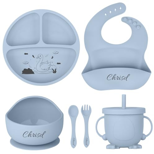 OXYEFEI Personalisierter Silikon Baby Teller mit Saugnapf & Namen | Beikost Baby Zubehör Baby Geschirrset mit Lustigen Tiermotiven Personalisierte Geschenk Taufe Mädchen,Junge (Blau)