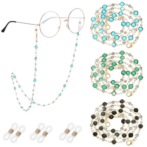 Mabor 3 Stück Modisch Brillenband Herren Strass Brillenkette Damen Elegante Brillenschnur für Sonnenbrillen, Lesebrillen und Korrektionsbrillen (Schwarz Grün Blau)