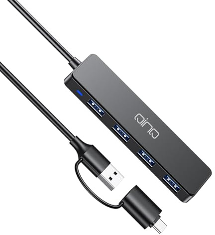 Hub USB 3.0 4 Ports avec Câble Double Tête (USB-C + USB-A, 0,5 m) – Noir, Puce Indépendante, LED Bleue, Plug & Play pour PC, Mac, Android