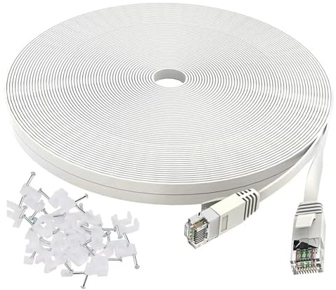 WUKUBO Cable Ethernet Cat6, Cable plano largo de red de Internet de alta velocidad, LAN de conexión Rj45 for enrutador, Cable de módem Ethernet Cat 6(WHITE,15m)
